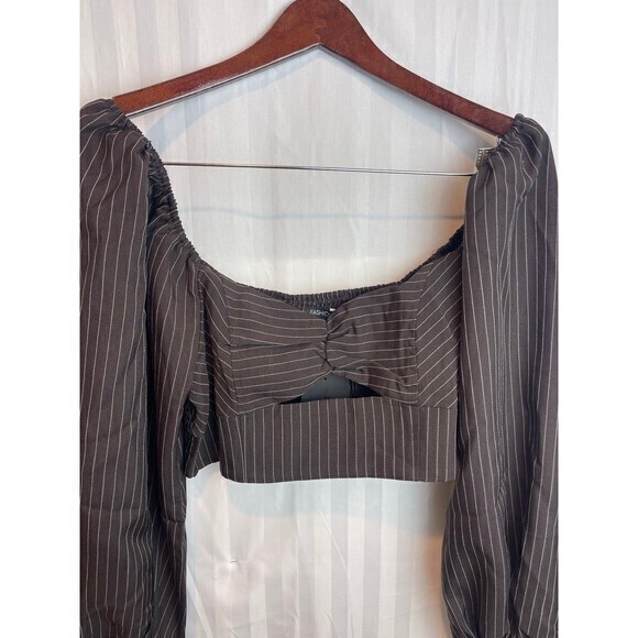 Chic Pinstripe Balloon Sleeve Smocked Back Brown Top Size Large RefM004 - Picture 8 of 11